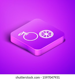 Isometric line Orange fruit icon isolated on purple background. Purple square button. Vector Illustration