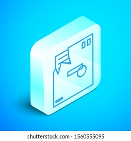 Isometric line Ordered envelope icon isolated on blue background. Email message letter symbol. Silver square button. Vector Illustration