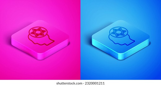 Isometric line Orthodox jewish hat icon isolated on pink and blue background. Jewish men in the traditional clothing. Judaism symbols. Square button. Vector