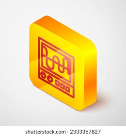 Isometric line Oscilloscope measurement signal wave icon isolated on grey background. Yellow square button. Vector