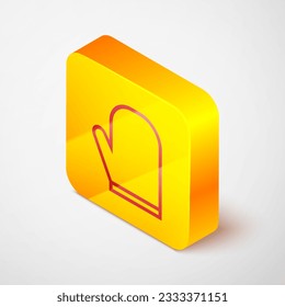 Isometric line Oven glove icon isolated on grey background. Kitchen potholder sign. Cooking glove. Yellow square button. Vector Illustration