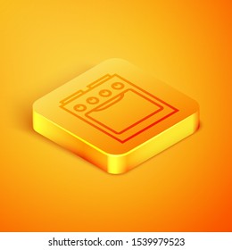 Isometric line Oven icon isolated on orange background. Stove gas oven sign. Orange square button. Vector Illustration