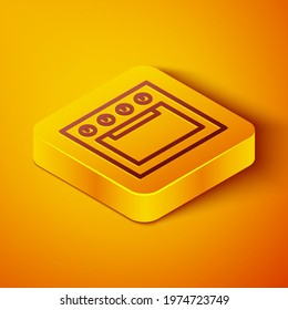 Isometric line Oven icon isolated on orange background. Stove gas oven sign. Yellow square button. Vector