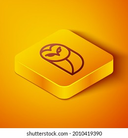 Isometric line Owl icon aislado en el fondo naranja. Símbolo animal. Botón cuadrado amarillo. Vector