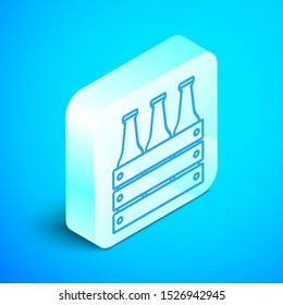 Isometric line Pack of beer bottles icon isolated on blue background. Wooden box and beer bottles. Case crate beer box sign. Silver square button. Vector Illustration