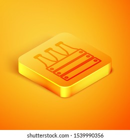 Isometric line Pack of beer bottles icon isolated on orange background. Wooden box and beer bottles. Case crate beer box sign. Orange square button. Vector Illustration