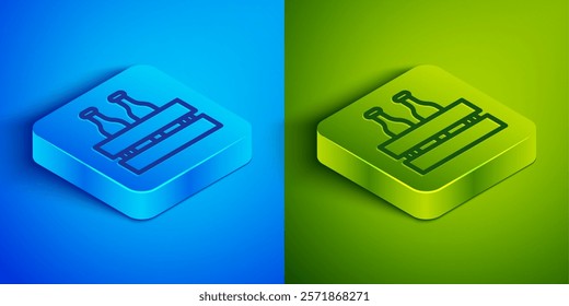 Isometric line Pack of beer bottles icon isolated on blue and green background. Wooden box and beer bottles. Case crate beer box sign. Square button. Vector Illustration