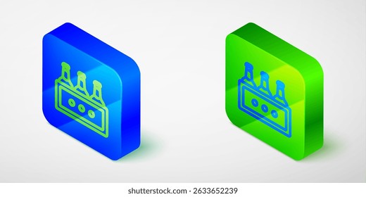 Isometric line Pack of beer bottles icon isolated grey background. Wooden box and beer bottles. Case crate beer box sign. Blue and green square button. Vector