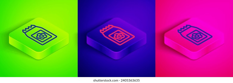 Línea isométrica Envase lleno de semillas de un ícono específico de planta aislado en fondo verde, azul y rosa. Botón cuadrado. Vector