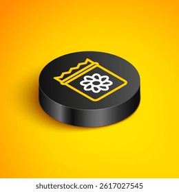 Isometric line Pack full of seeds of a specific plant icon isolated on yellow background. Black circle button. Vector
