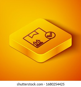 Isometric line Package box with check mark icon isolated on orange background. Parcel box. Approved delivery or successful package receipt. Yellow square button. Vector Illustration