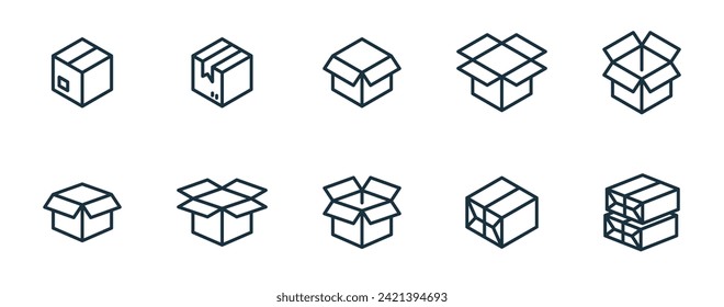 Isometric line packaging boxes icons set on white background. service business. Parcel container, packaging boxes, web design for applications.