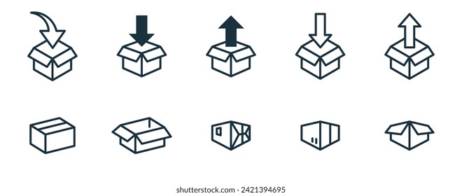 Isometric line packaging boxes icons set on white background. service business. Parcel container, packaging boxes, web design for applications.