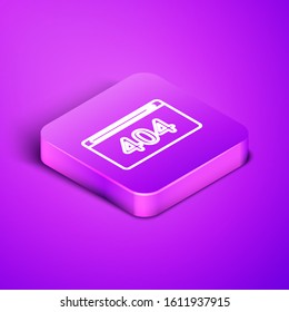 Isometric line Page with a 404 error icon isolated on purple background. Template reports that the page is not found. Purple square button. Vector Illustration