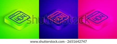 Isometric line Page with a 404 error icon isolated on green, blue and pink background. Template reports that the page is not found. Square button. Vector