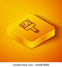 Isometric line Paint brush icon isolated on orange background. Yellow square button. Vector Illustration