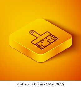 Isometric line Paint brush icon isolated on orange background. Yellow square button. Vector Illustration