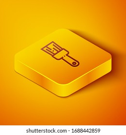 Isometric line Paint brush icon isolated on orange background. Yellow square button. Vector Illustration
