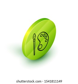 Isometric line Paint brush with palette icon isolated on white background. Green circle button. Vector Illustration