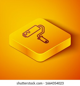 Isometric line Paint roller brush icon isolated on orange background. Yellow square button. Vector Illustration