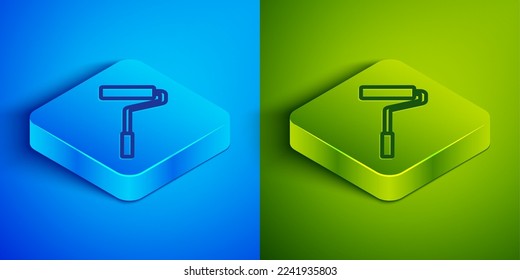 Línea isométrica Icono de pincel de rodillos de pintura aislado en fondo azul y verde. Botón cuadrado. Vector