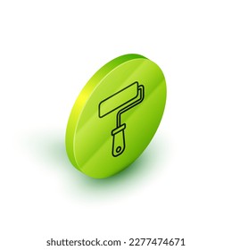 Isometric line Paint roller brush icon isolated on white background. Green circle button. Vector