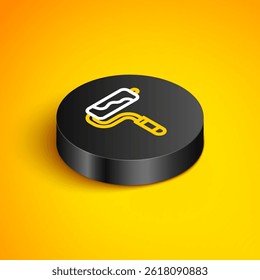 Isometric line Paint roller brush icon isolated on yellow background. Black circle button. Vector