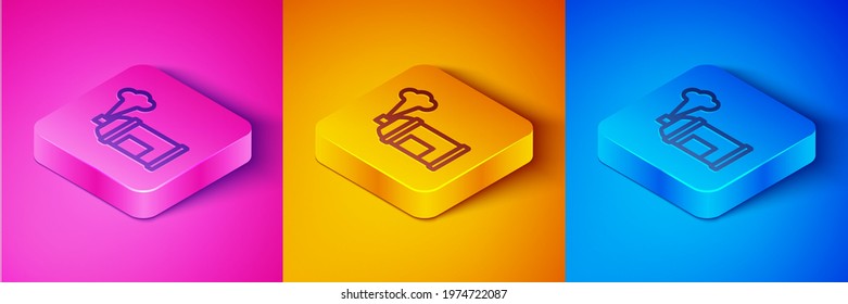 Isometric line Paint spray can icon isolated on pink and orange, blue background. Square button. Vector