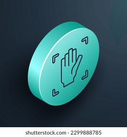 Isometric line Palm print Recognition icon aislado en fondo negro. Escaneo biométrico a mano. Identificación de huellas digitales. Reconocimiento y verificación del sistema. Botón de círculo turquesa. Vector