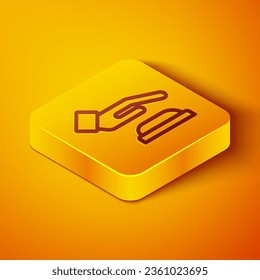 Isometric line Palm print recognition icon isolated on orange background. Biometric hand scan. Fingerprint identification. System recognition and verification. Yellow square button. Vector