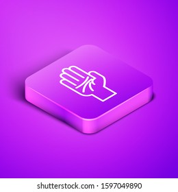 Isometric line Palmistry of the hand icon isolated on purple background. Purple square button. Vector Illustration