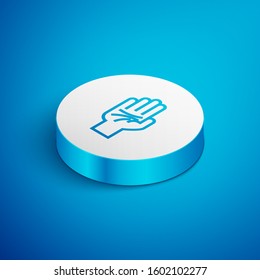 Isometric line Palmistry of the hand icon isolated on blue background. White circle button. Vector Illustration