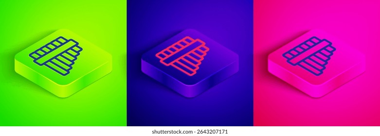 Isometric line Pan flute icon isolated on green, blue and pink background. Traditional peruvian musical instrument. Folk instrument from Peru, Bolivia and Mexico. Square button. Vector
