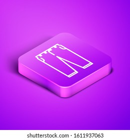 Isometric line Pants icon isolated on purple background. Purple square button. Vector Illustration