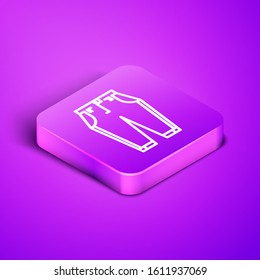 Isometric line Pants icon isolated on purple background. Purple square button. Vector Illustration