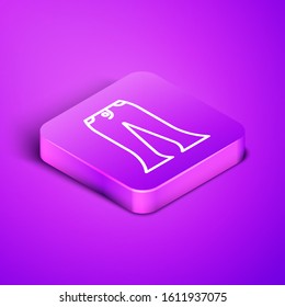 Isometric line Pants icon isolated on purple background. Purple square button. Vector Illustration