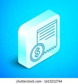 Isometric line Paper check and financial check icon isolated on blue background. Paper print check, shop receipt or bill. Silver square button. Vector Illustration