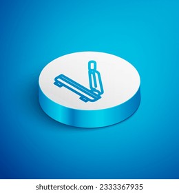 Isometric line Paper cutter icon isolated on blue background. White circle button. Vector