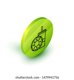 Isometric line Paper glass with drinking straw and donut icon isolated on white background. Soda aqua drink sign. Fast food menu. Green circle button. Vector Illustration