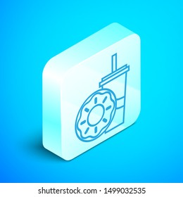 Isometric line Paper glass with drinking straw and donut icon isolated on blue background. Soda aqua drink sign. Fast food menu. Silver square button. Vector Illustration