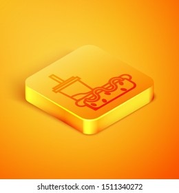 Isometric line Paper glass with drinking straw and hotdog icon isolated on orange background. Soda aqua drink sign. Hamburger, cheeseburger sandwich. Orange square button. Vector Illustration