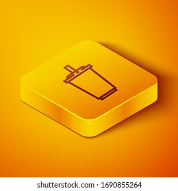Isometric line Paper glass with drinking straw and water icon isolated on orange background. Soda drink glass. Fresh cold beverage symbol. Yellow square button. Vector Illustration