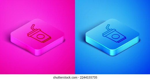 Isometric line Paper glass with drinking straw and water icon isolated on pink and blue background. Soda drink glass. Fresh cold beverage symbol. Square button. Vector