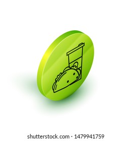 Isometric line Paper glass and taco with tortilla icon isolated on white background. Soda aqua drink sign. Hamburger, burger, cheeseburger sandwich. Green circle button. Vector Illustration