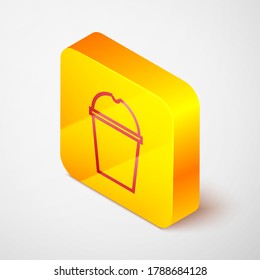 Isometric line Paper glass and water icon isolated on grey background. Soda drink glass. Fresh cold beverage symbol. Yellow square button. Vector Illustration