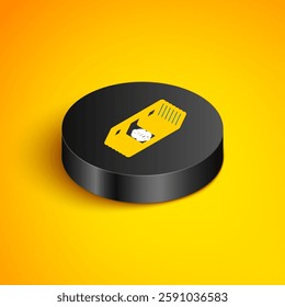 Isometric line Paper money american dollars cash icon isolated on yellow background. Money banknotes stack with dollar icon. Bill currency. Black circle button. Vector