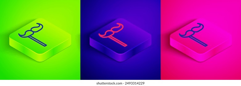 Isometric line Paper mustache on stick icon isolated on green, blue and pink background. Concept with cardboard carnival mask. Mask for a photo shoot. Square button. Vector