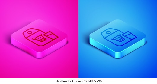 Isometric line Paper package for milk and glass icon isolated on pink and blue background. Milk packet sign. Square button. Vector