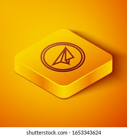 Isometric line Paper plane icon isolated on orange background. Paper airplane icon. Aircraft sign. Yellow square button. Vector Illustration