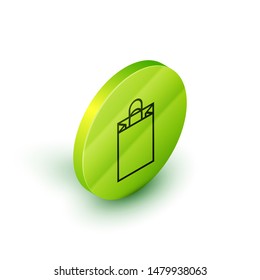 Isometric line Paper shopping bag icon isolated on white background. Package sign. Green circle button. Vector Illustration